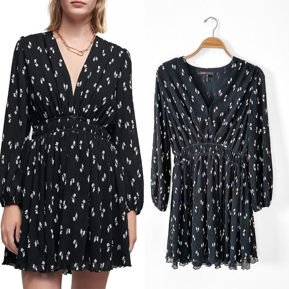 Maje Rionana V-Neck Bow Print Mini Dress size 42 or XL